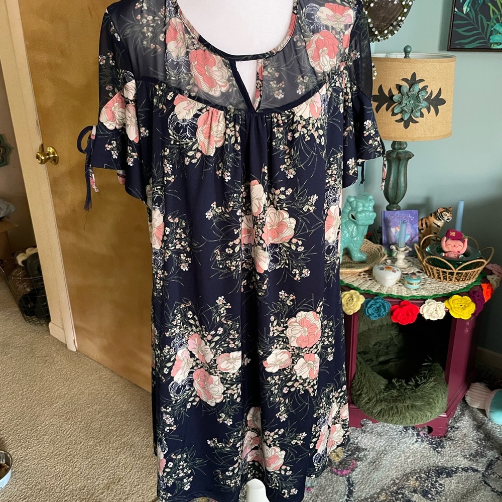 Perseption Navy Dress with Pink Floral Print